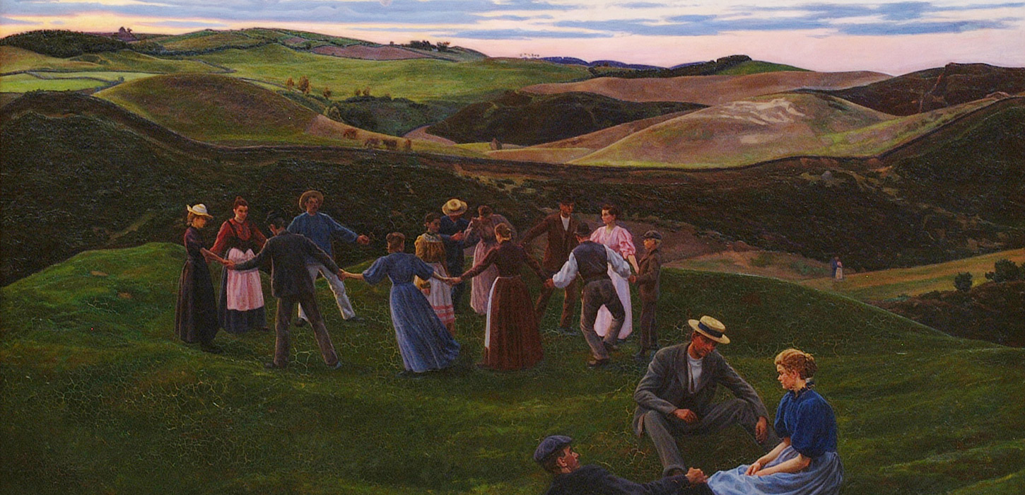 Maleri fra 1900 af voksne der danser i Svanninge Bakker