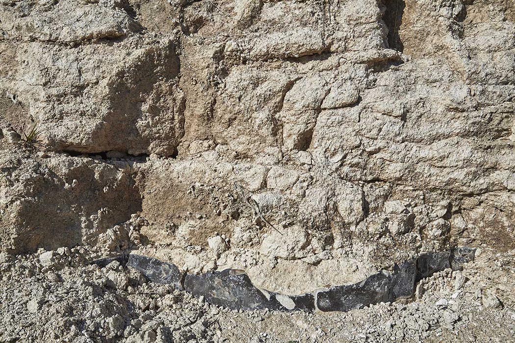 Layers in the limestone trench that clearly show the transition between two time periods