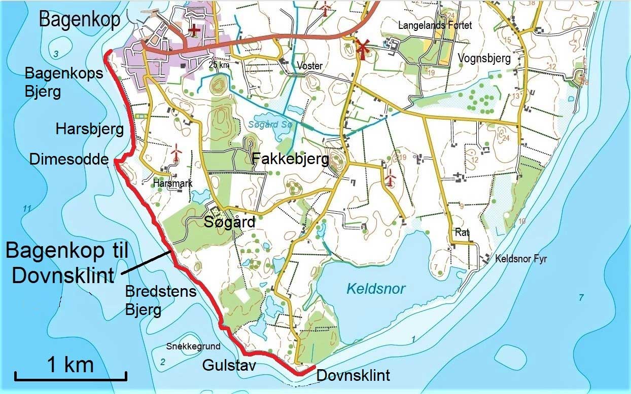 Kort - Kystrækningen mellem Bagenkop og Dovnsklint. Geopark Det Sydfynske Øhav.