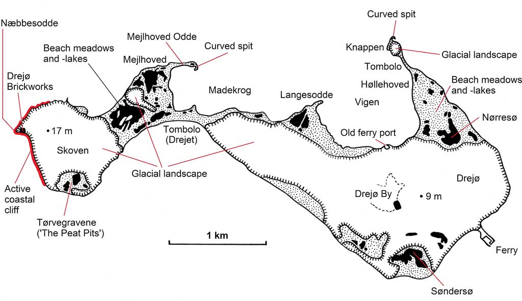 Some of the landscape elements and locations on Drejø mentioned in the text.