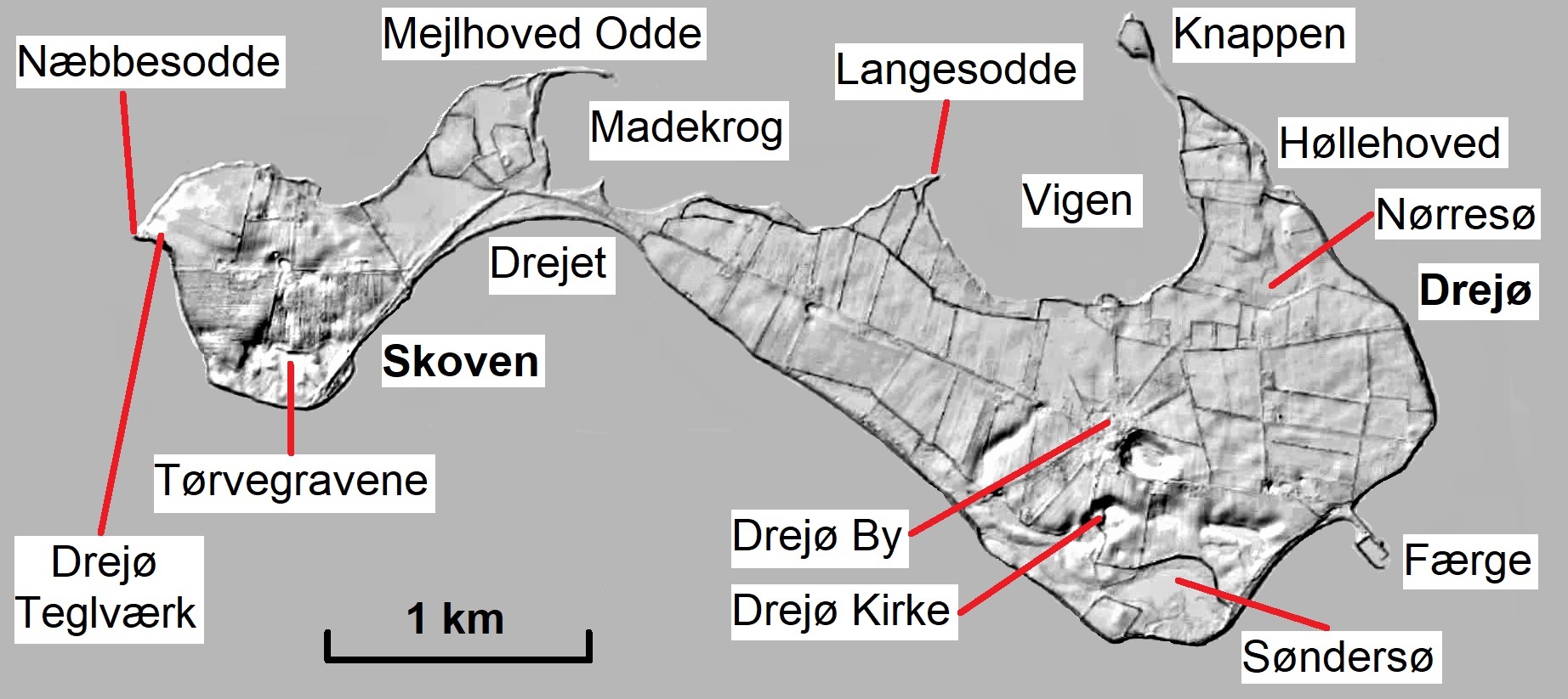 Skyggekort over Drejø med stednavne. Geopark Det Sydfynske Øhav.
