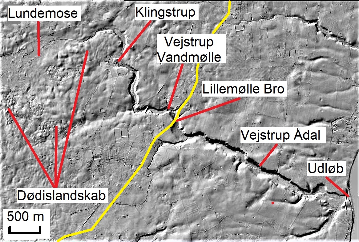 Skyggekort over Vejstrup Ådal. Geopark Det Sydfynske Øhav.