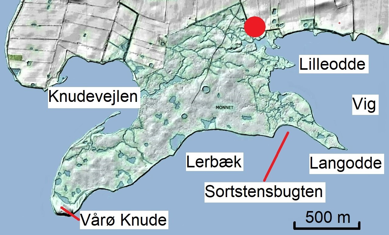 Skyggekort over Monnet. Den røde prik markerer fugletårnet. Geopark Det Sydfynske Øhav