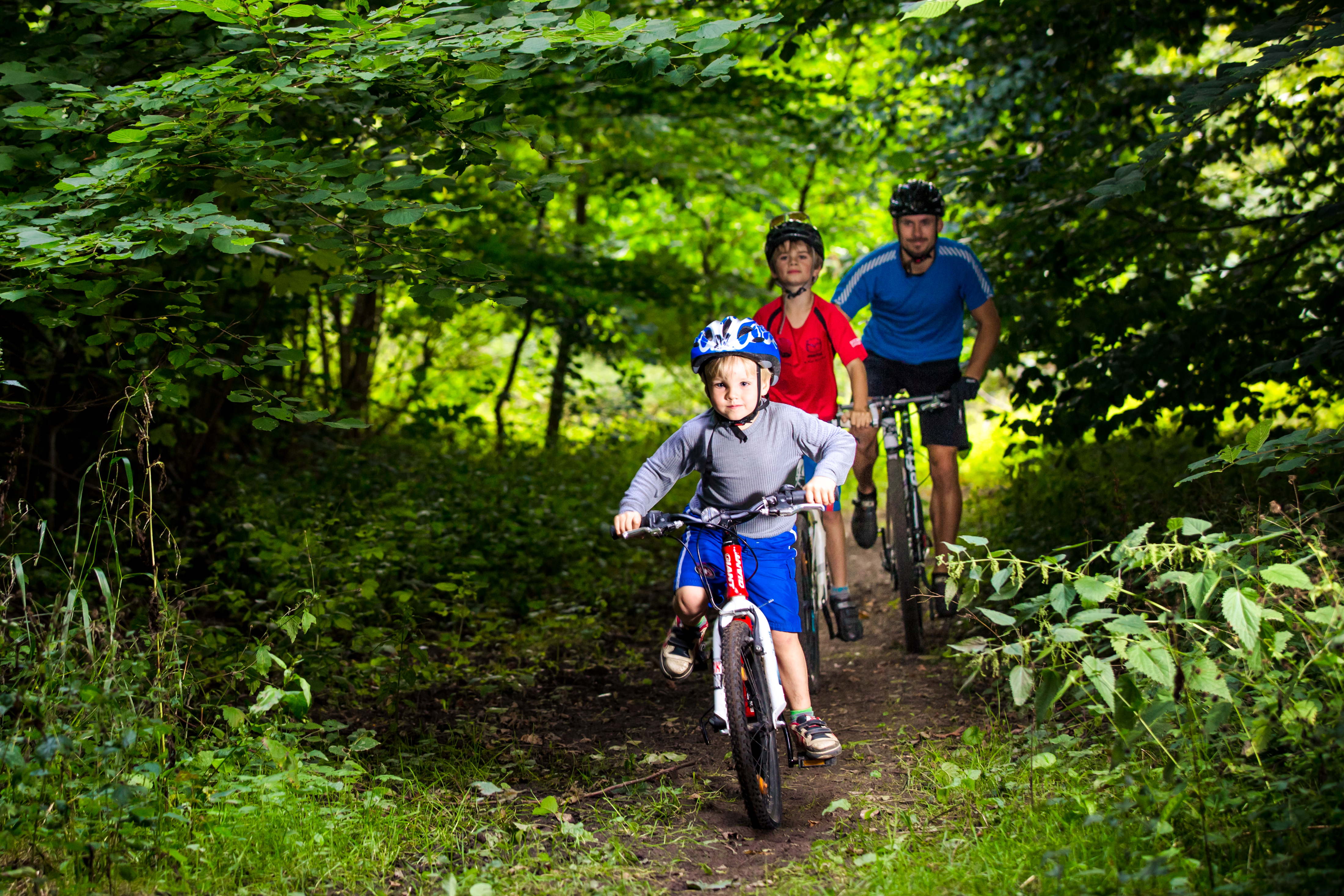 Far og to børn på mountainbike i skoven