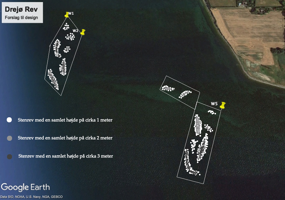 Kort med indtegning af placering af stenrev ud for Drejø