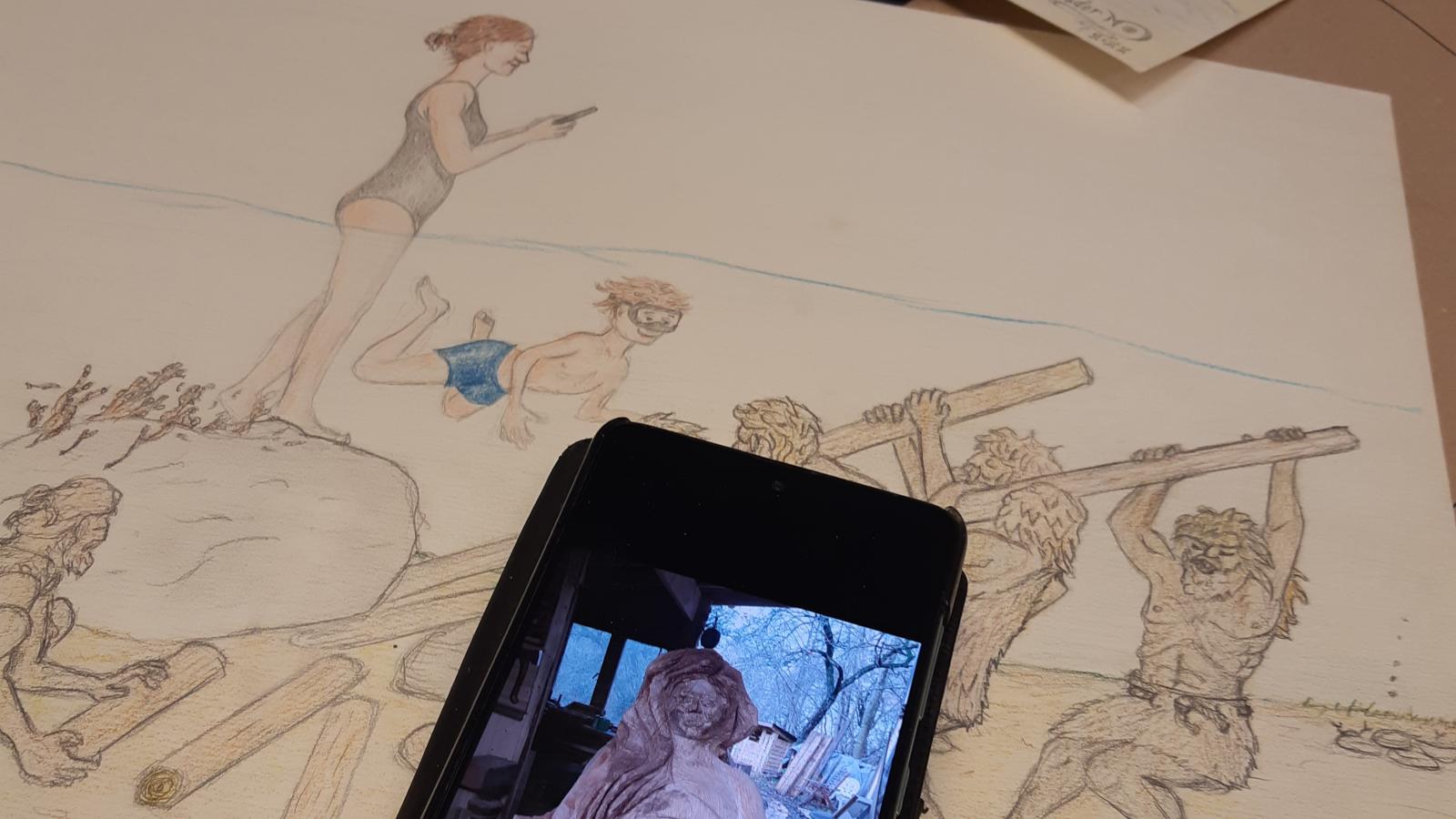 Tegning og træfigur i proces i projektet nautisk skulpturleg